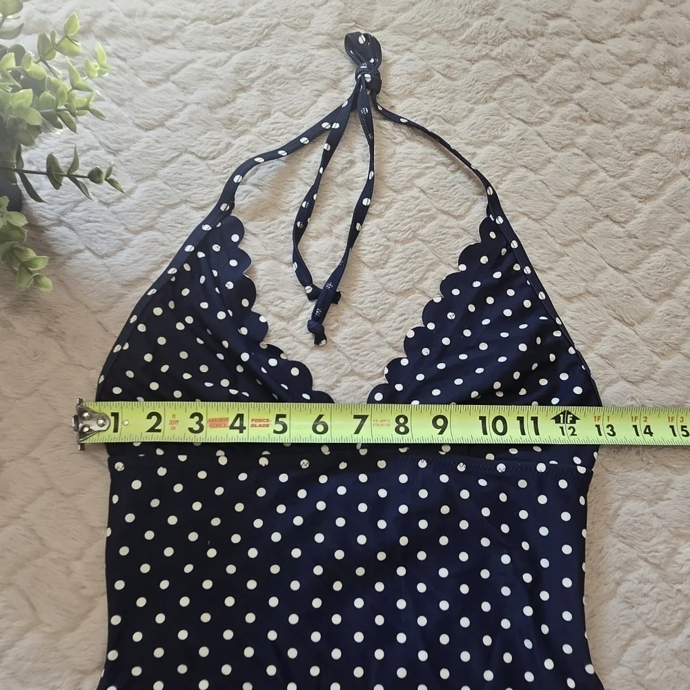 J. Crew Navy Blue Polka-Dot Scalloped Plunge V-Neck One Piece Swimsuit, XS